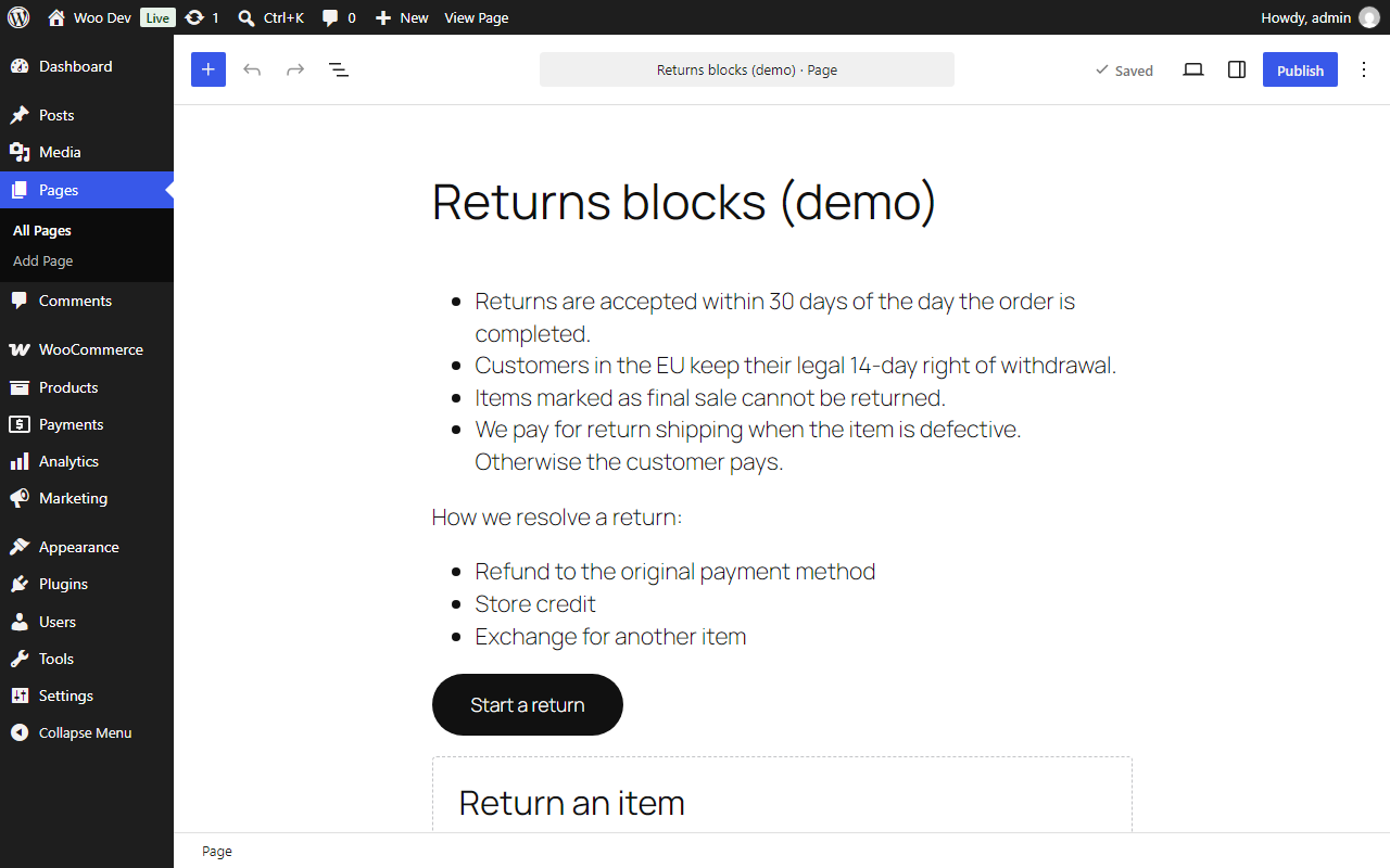 The Return policy block and the Start a return button in the editor