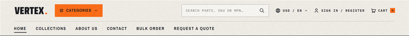 Vertex desktop header — logo, nav, search, account, cart