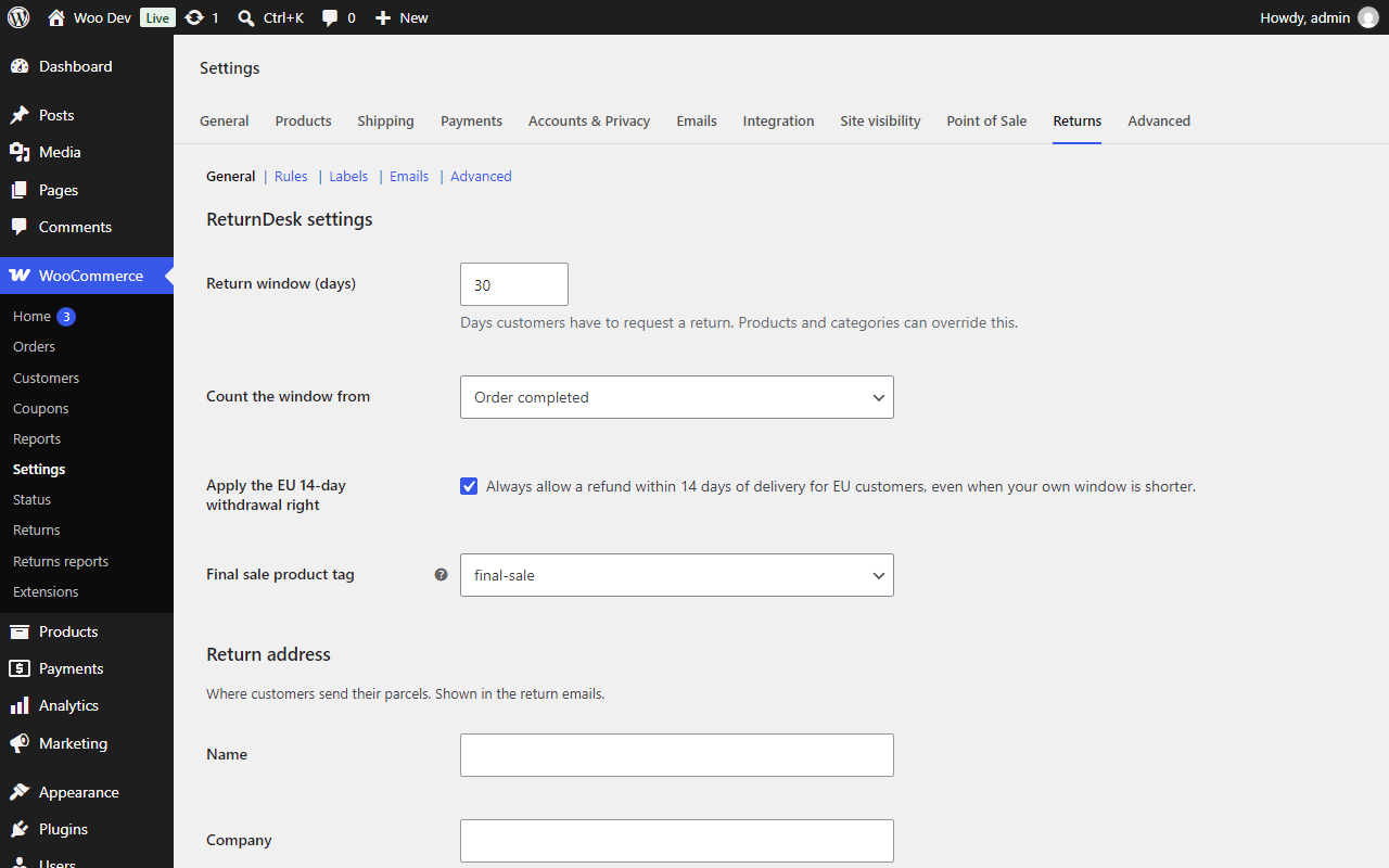 The General section of the Returns settings