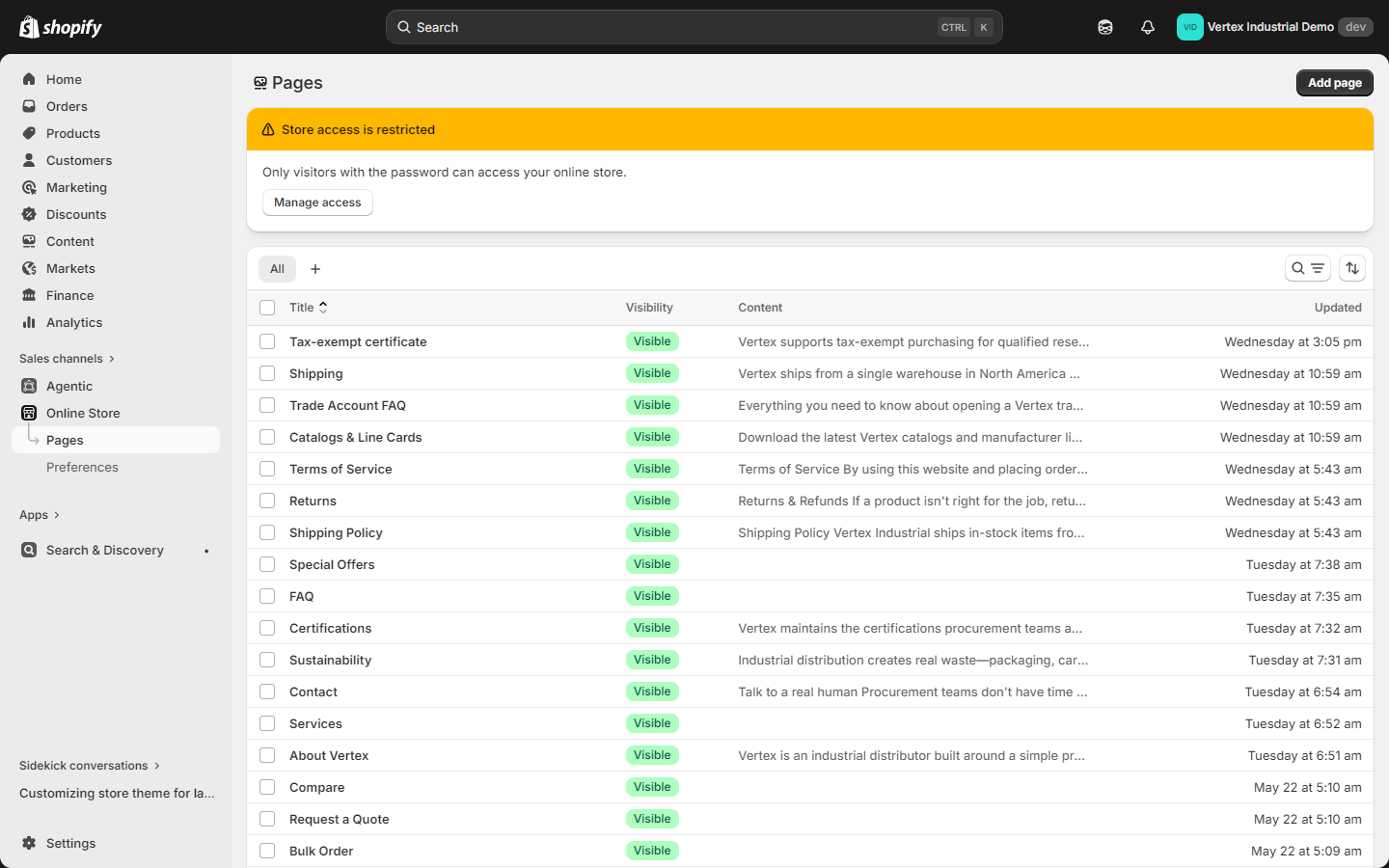 Admin → Pages with RFQ template assigned