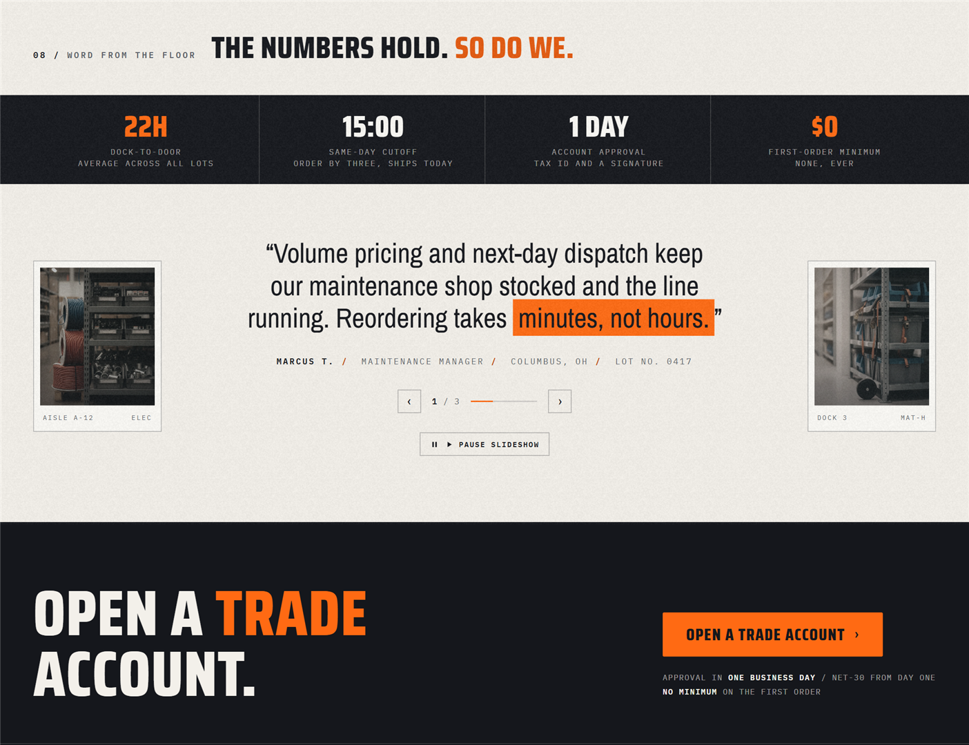 Homepage: stats bar, multicolumn, industries grid