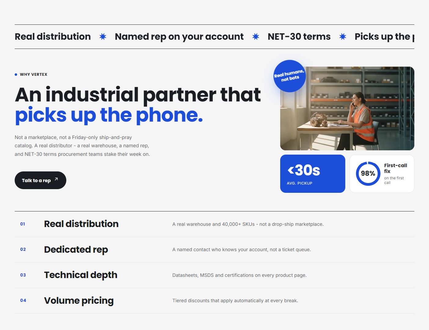 Homepage: stats bar, multicolumn, industries grid