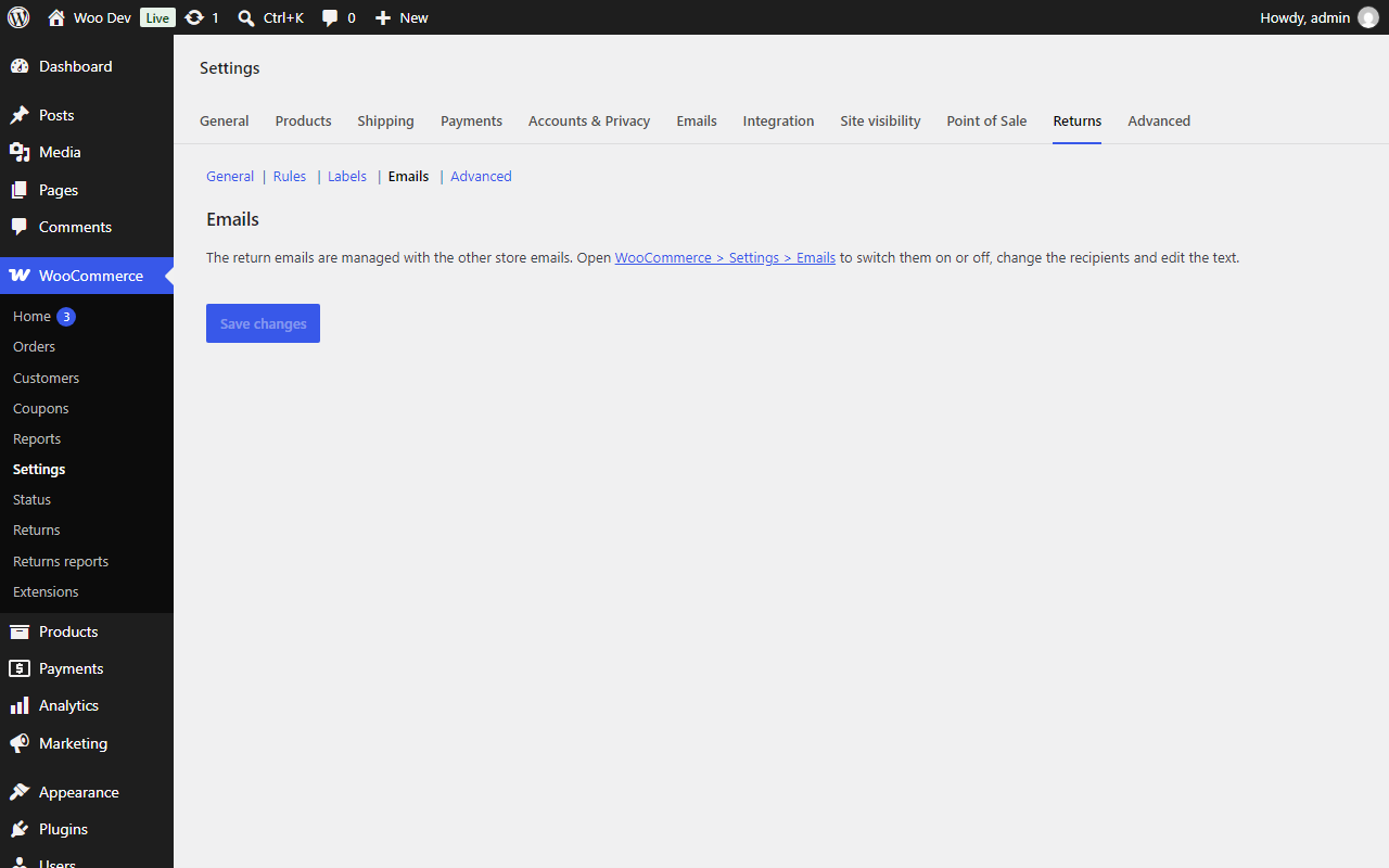 The Emails section