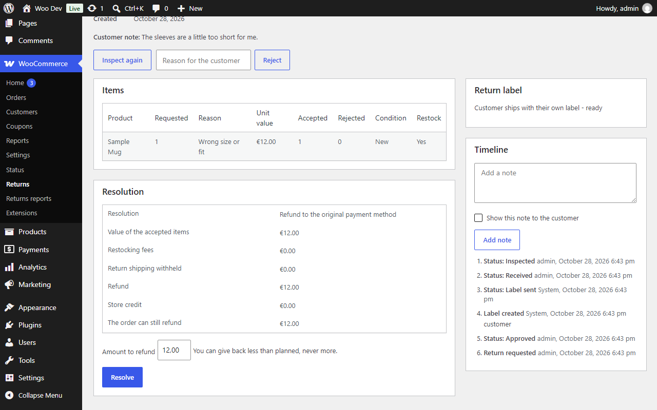 A return screen with items, resolution, label and timeline