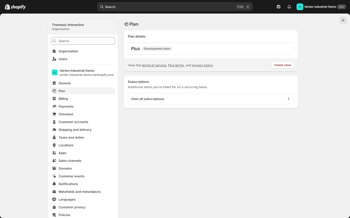 Shopify admin: Settings → Plan (Vertex Industrial Demo)