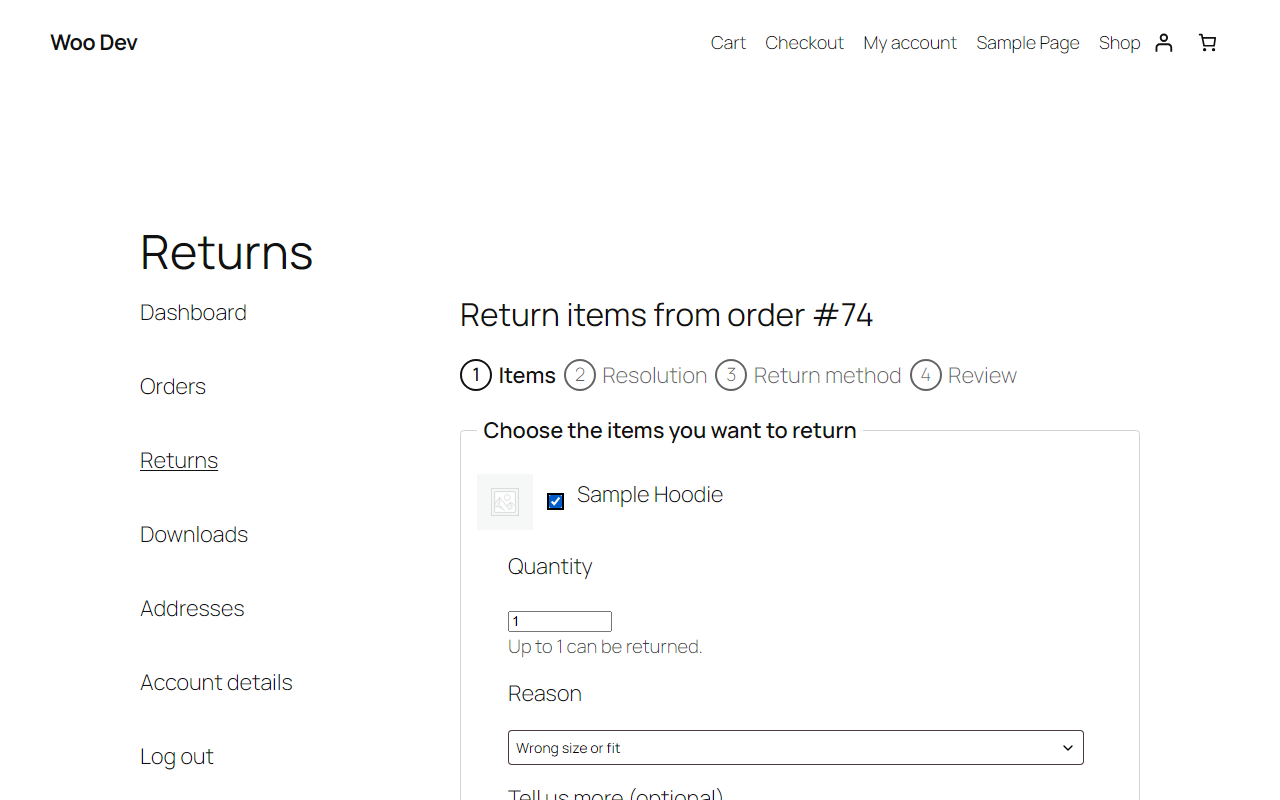 Step 1 of the wizard: choose items, quantity and reason