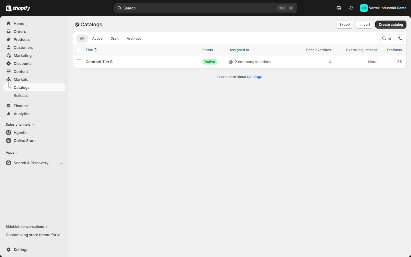 Shopify admin Catalogs list