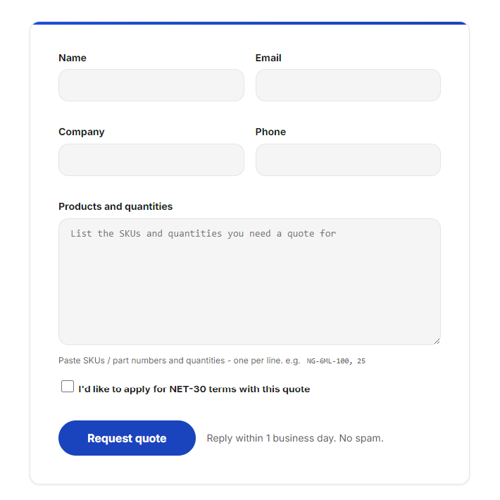RFQ page — left column form