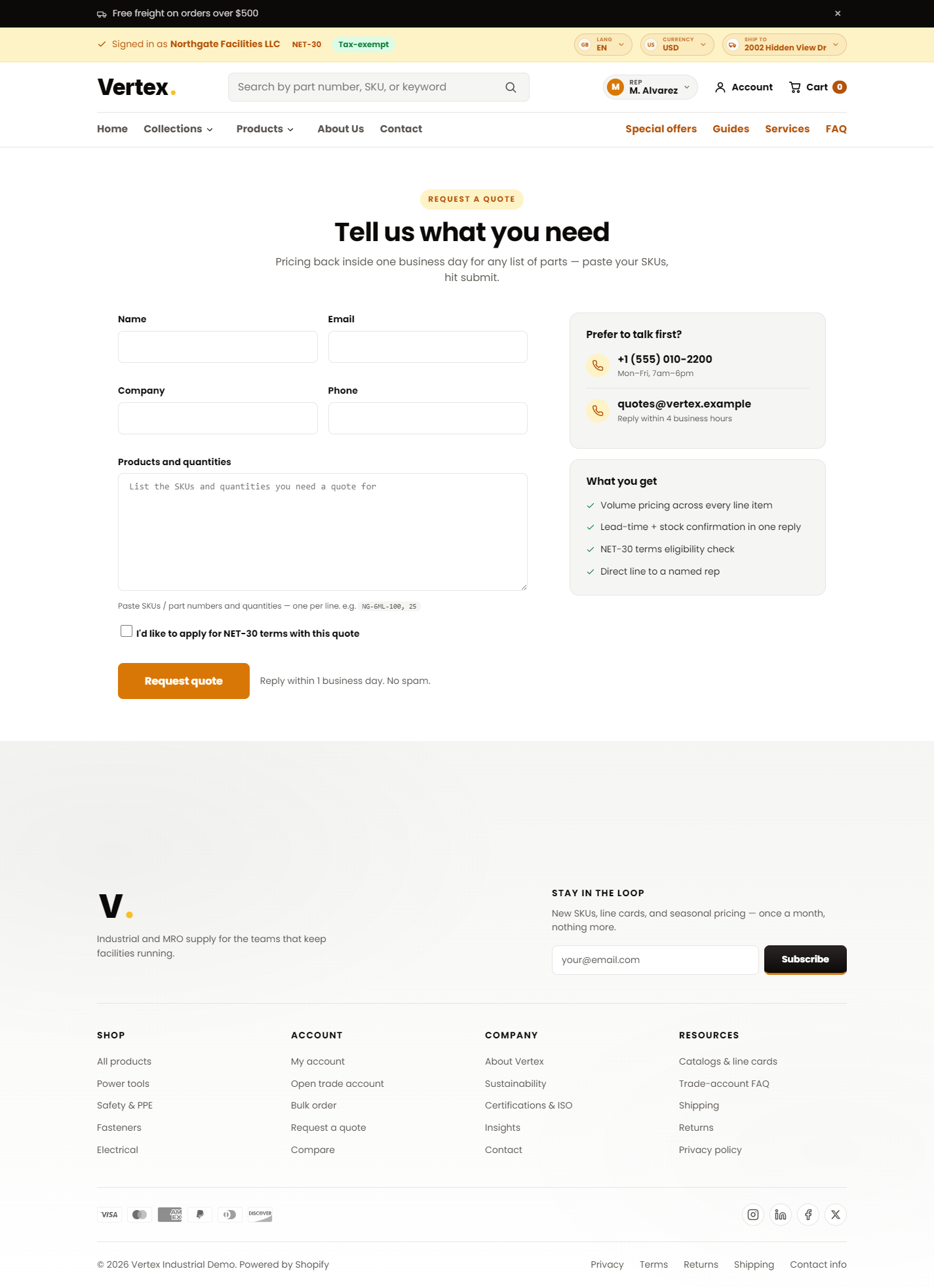 RFQ page — left column form