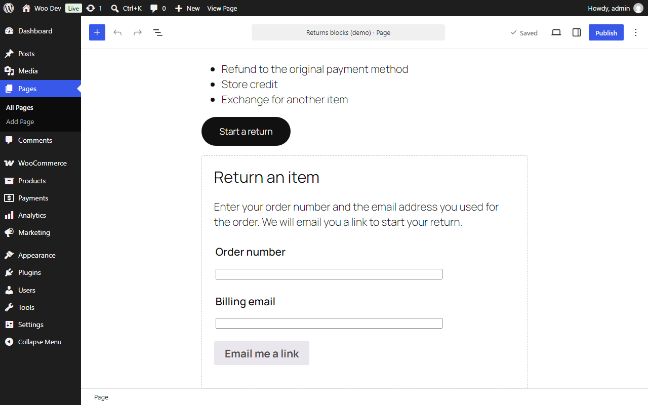 The Return portal block in the editor