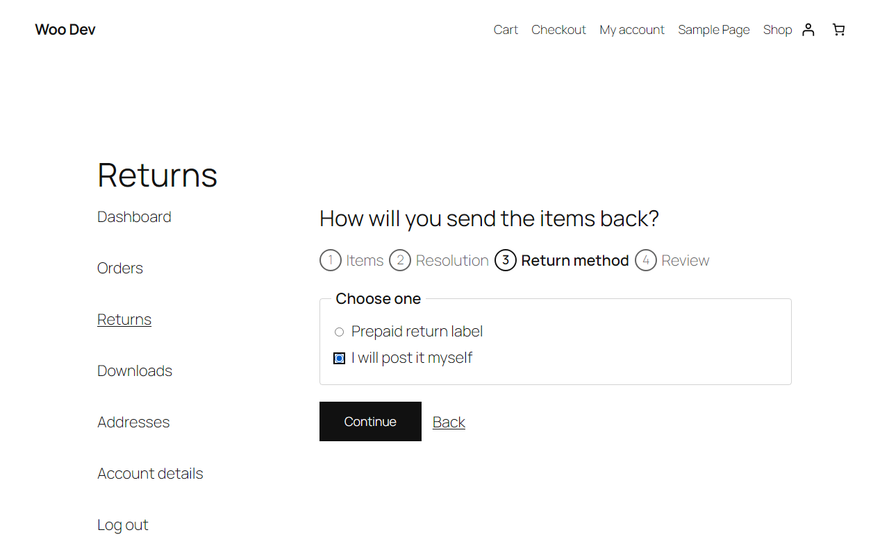 Step 3: choose how to send the items back