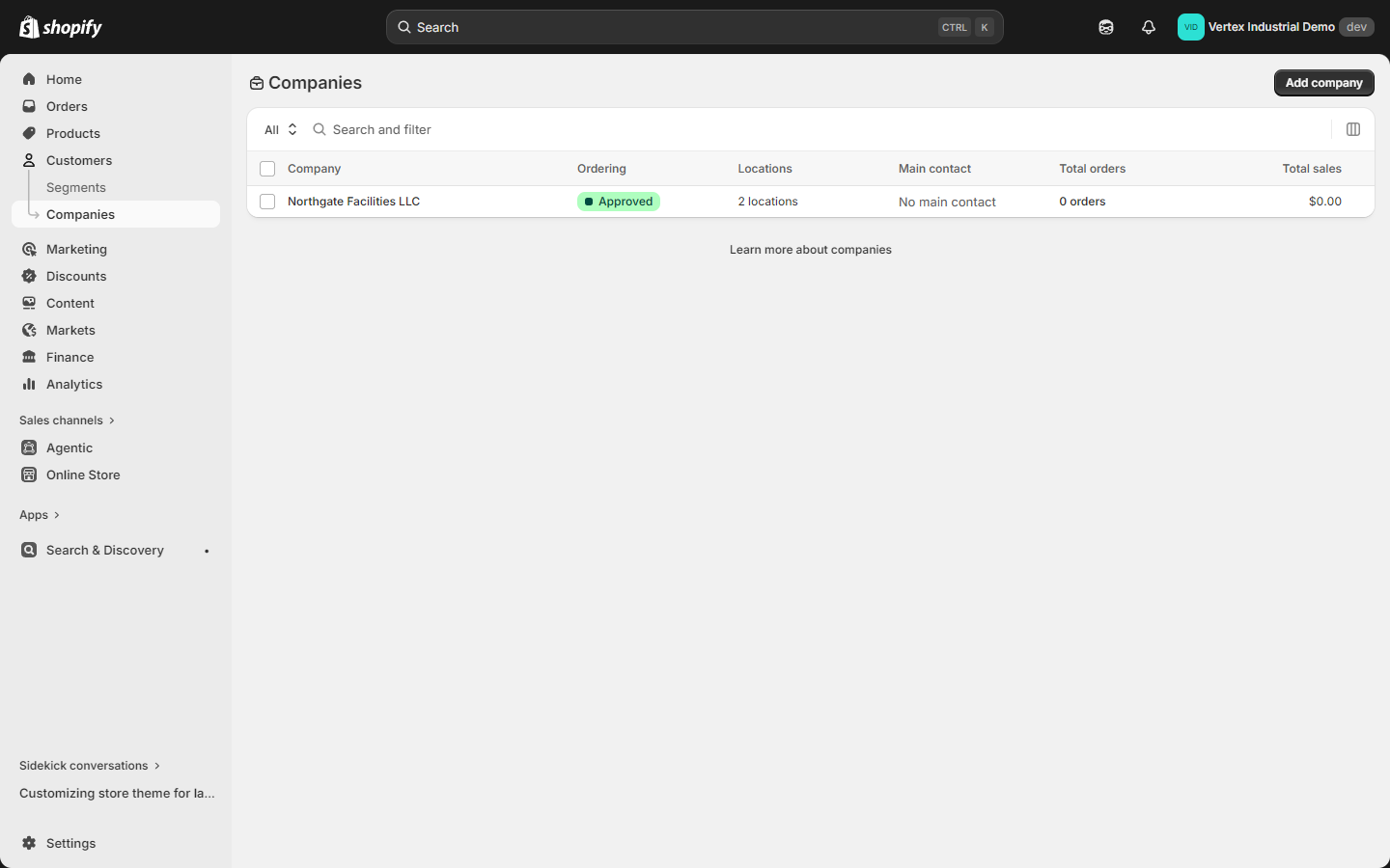 Shopify admin Companies list