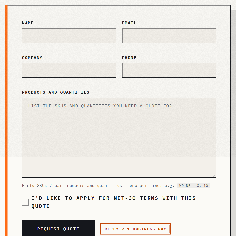 RFQ page — left column form