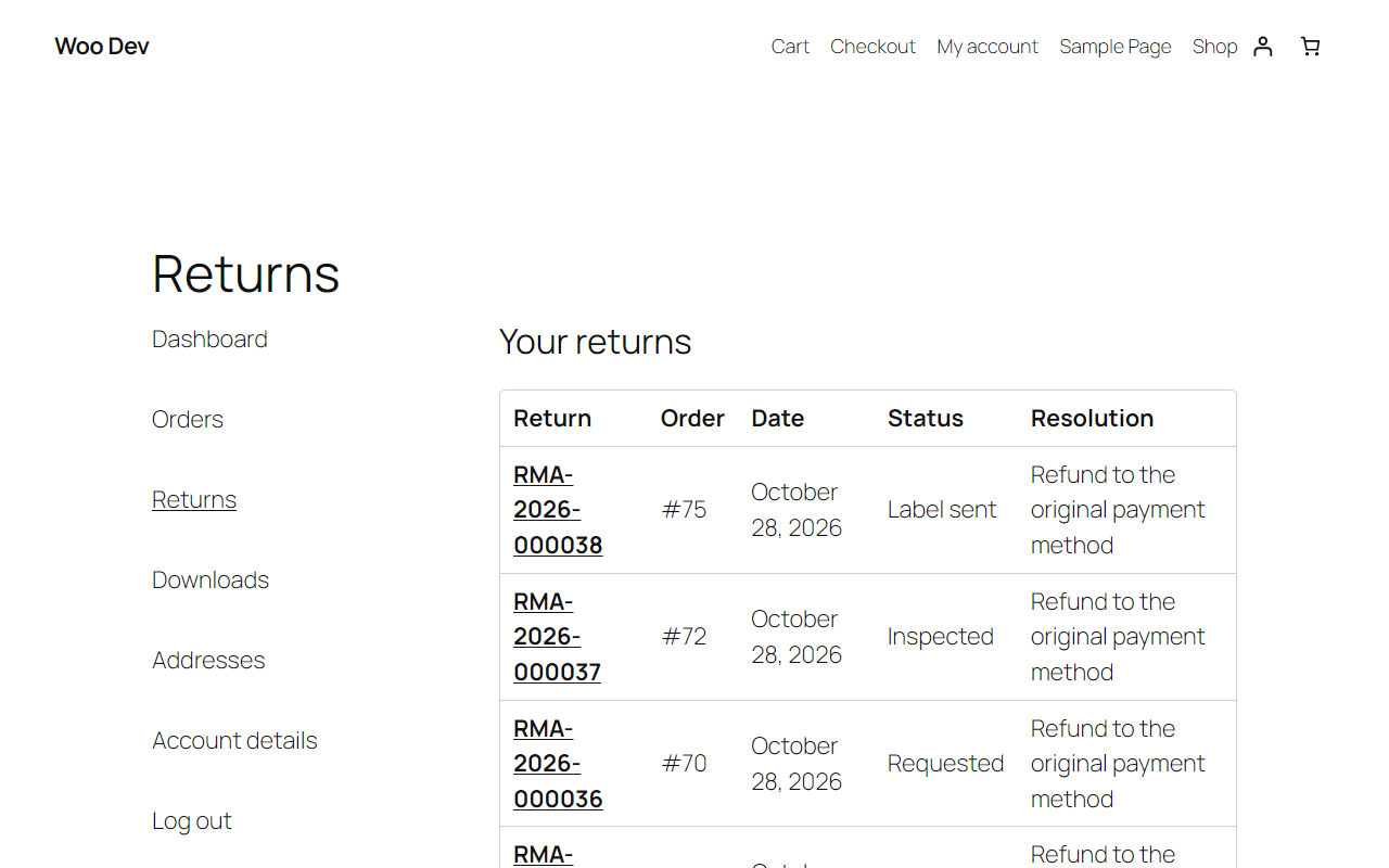 The Returns page in My Account