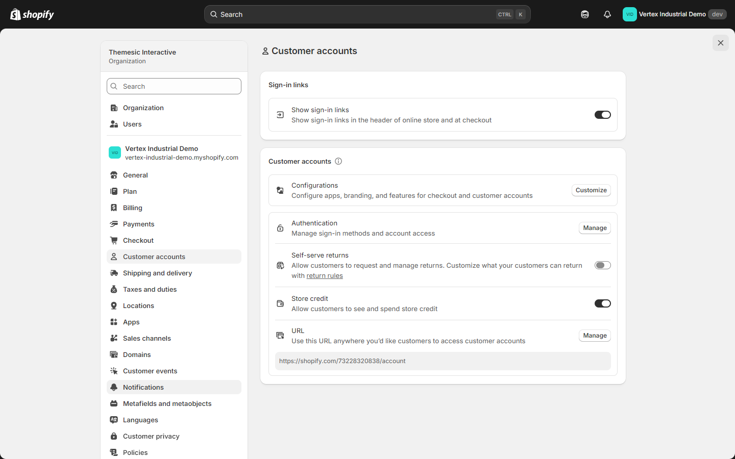 Settings → Customer accounts with B2B section