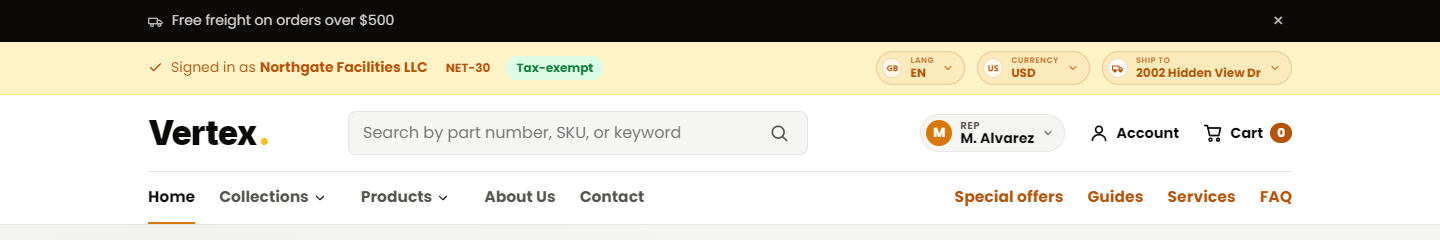 Vertex desktop header — logo, nav, search, account, cart